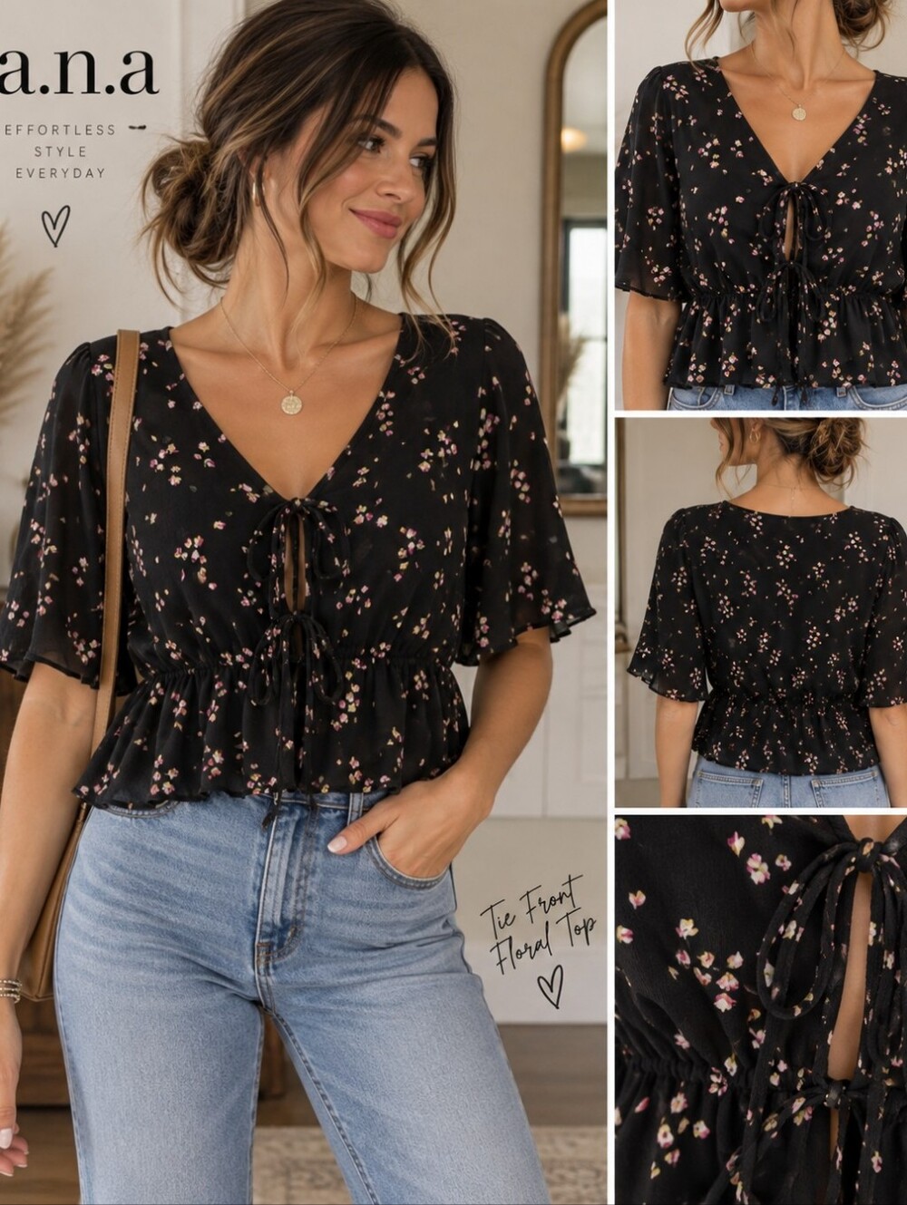 Black Floral Tie-Front Women's Top